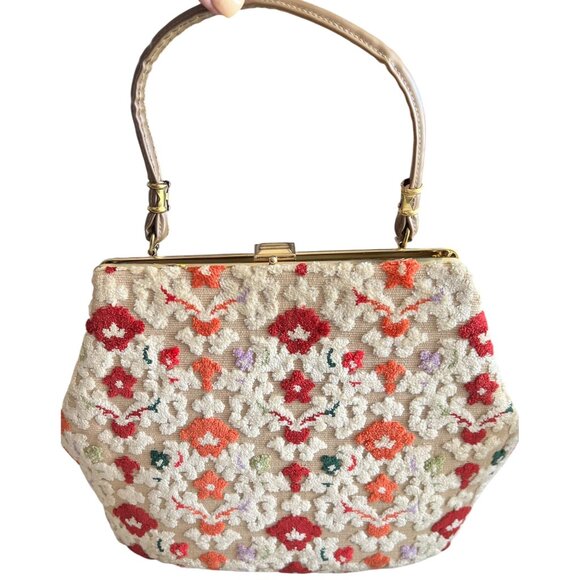 Vintage Floral Needlepoint Faux Leather Handbag rGold-Tone Frame & Snap Closure - Picture 1 of 8